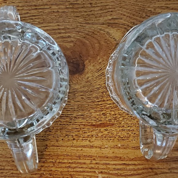 Vtg/MCM Clear Cut Glass creamer & sugar w/etched patterned flowers sunburst - Picture 4 of 4